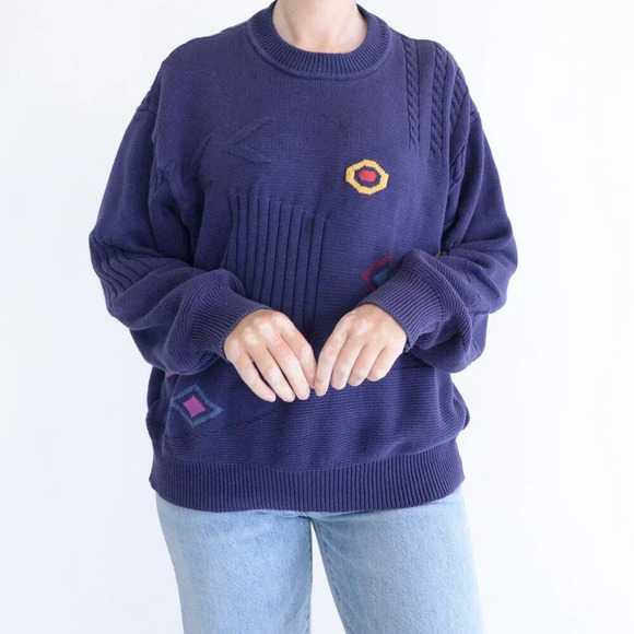 Vintage Jockey Euroline Navy Knit Geometric Shapes Crewneck Sweater  L - Picture 2 of 12